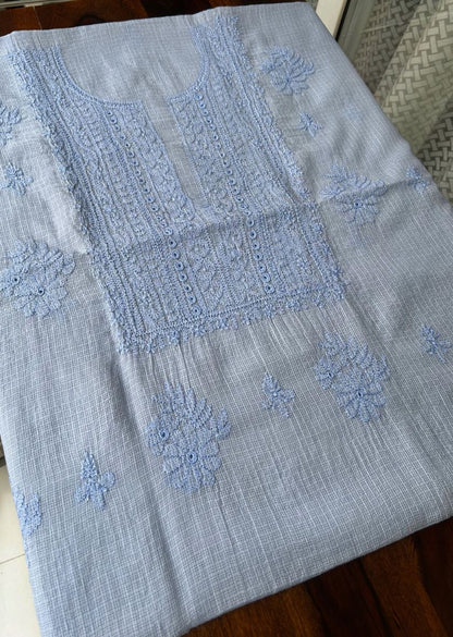 Firgun Sky Blue Lucknowi Chikankari Kota Unstitched Kurta & Dupatta Set