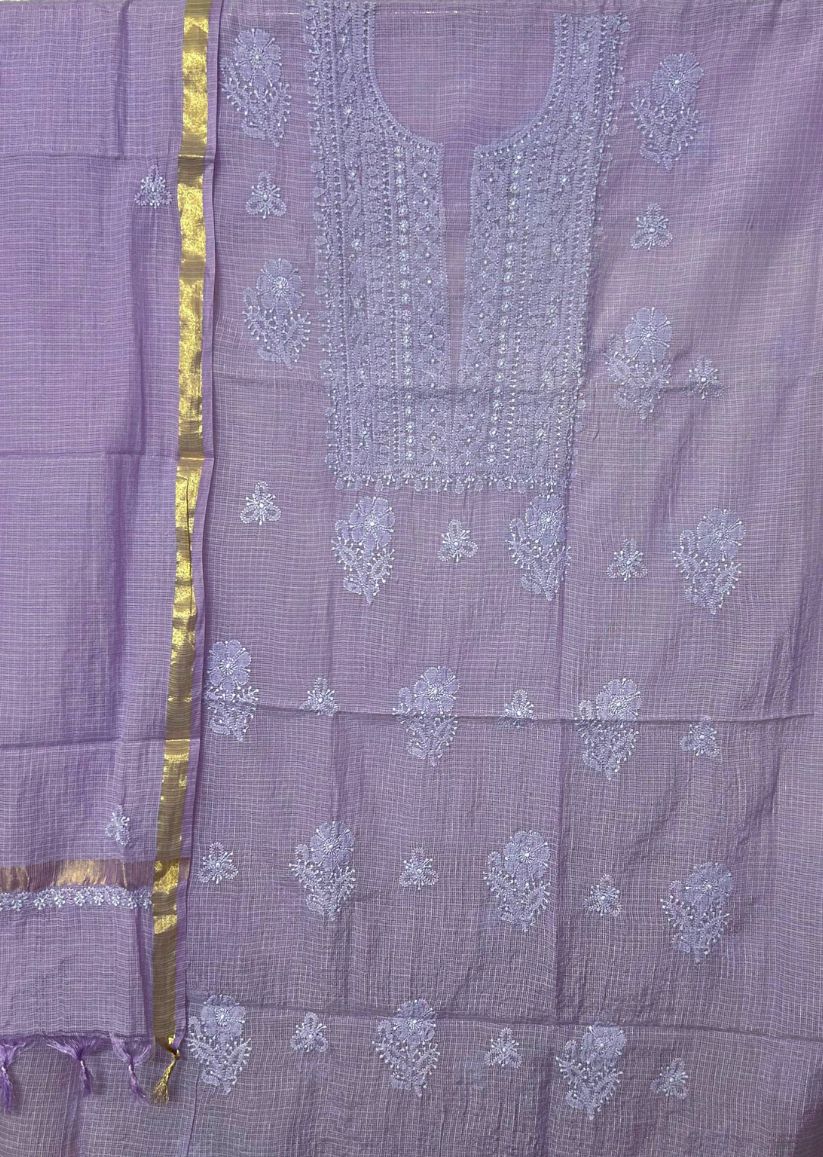 Firgun Royal Purple Lucknowi Chikankari Kota Unstitched Kurta & Dupatta Set