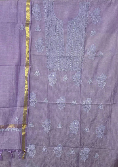 Firgun Royal Purple Lucknowi Chikankari Kota Unstitched Kurta & Dupatta Set