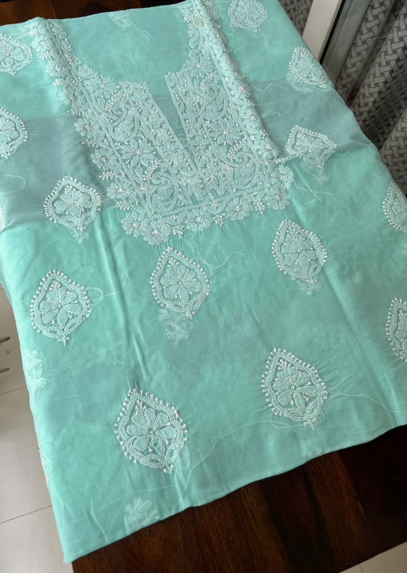 Firgun Sea Green Lucknowi Chikankari Cotton Unstitched Kurta