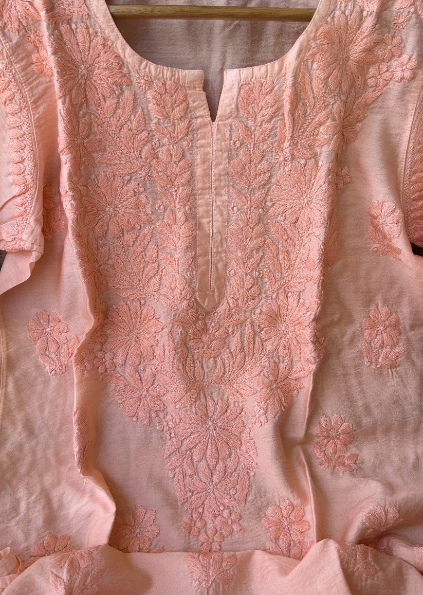 Firgun Orange Lucknowi Chikankari Chanderi Straight Kurta