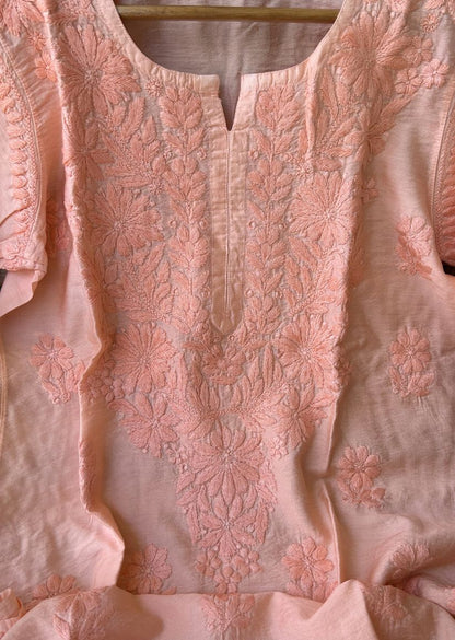 Firgun Orange Lucknowi Chikankari Chanderi Straight Kurta