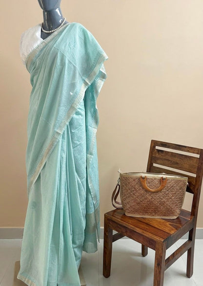 Firgun Mint Green Lucknowi Chikankari Mul Cotton Saree with Unstitched Blouse Piece