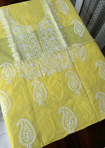 Firgun Yellow Lucknowi Chikankari Cotton Unstitched Kurta