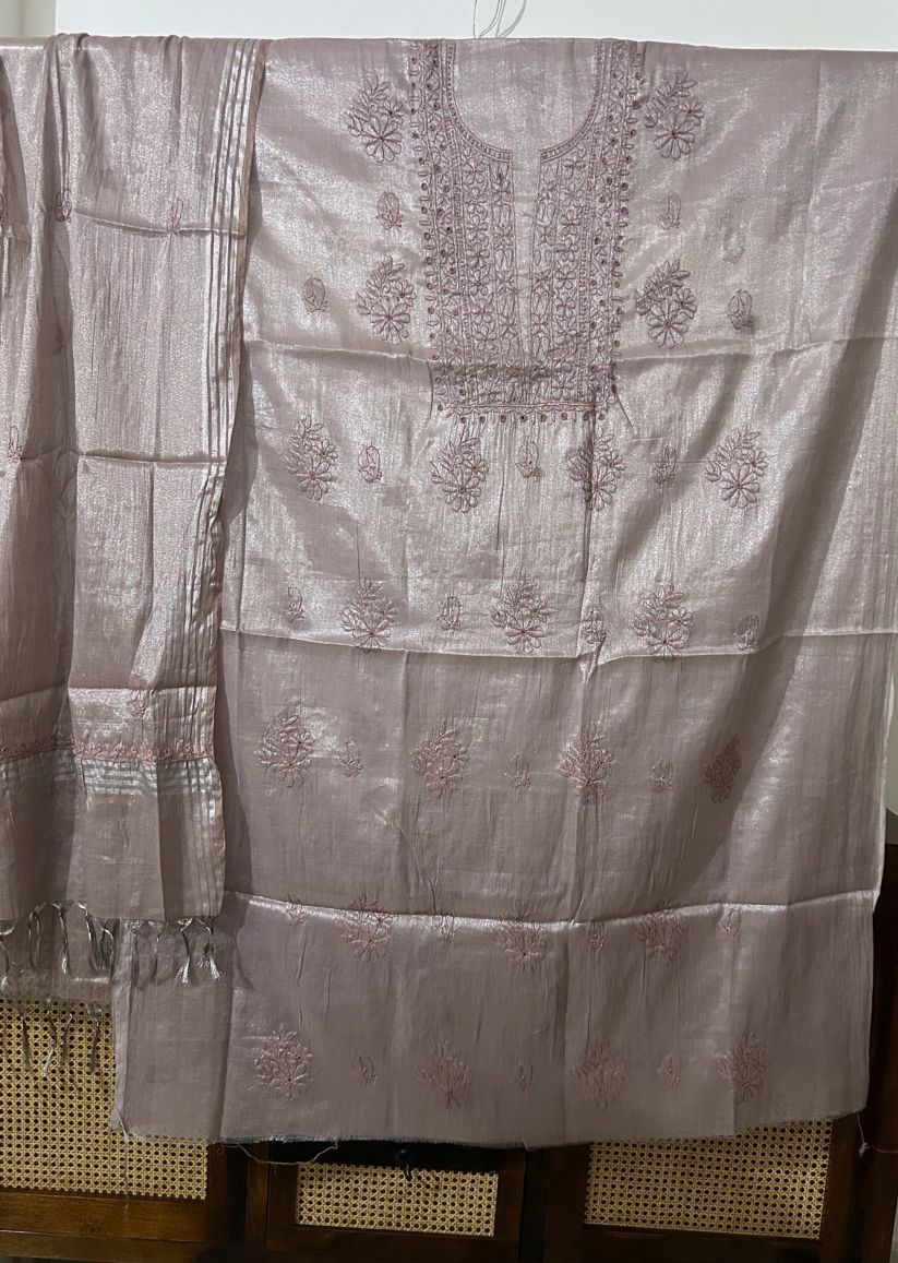 Firgun Rose Taupe Lucknowi Chikankari Chanderi Silver Tissue Kurta Dupatta Set