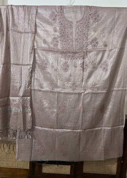 Firgun Rose Taupe Lucknowi Chikankari Chanderi Silver Tissue Kurta Dupatta Set