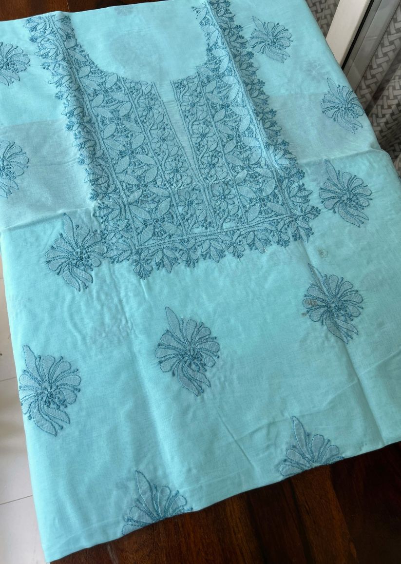 Firgun Blue Lucknowi Chikankari Cotton Unstitched Kurta