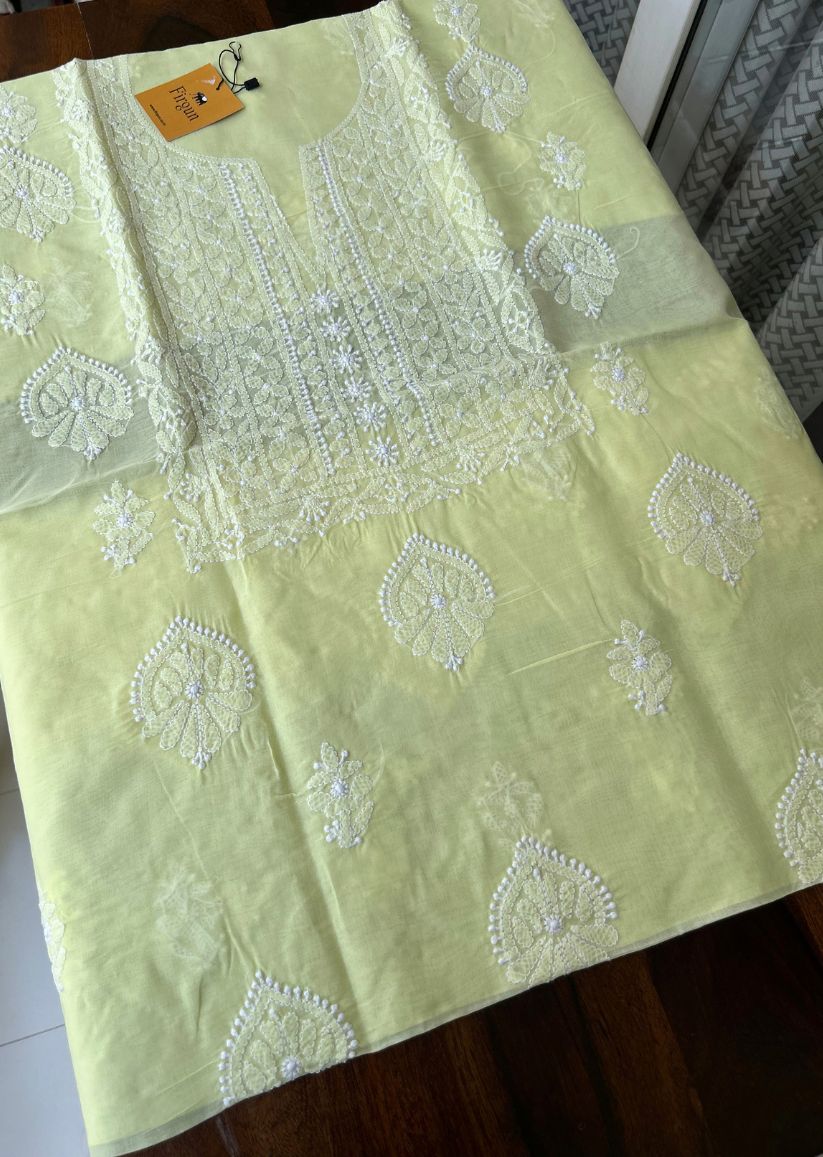 Firgun Lemon Lucknowi Chikankari Cotton Unstitched Kurta
