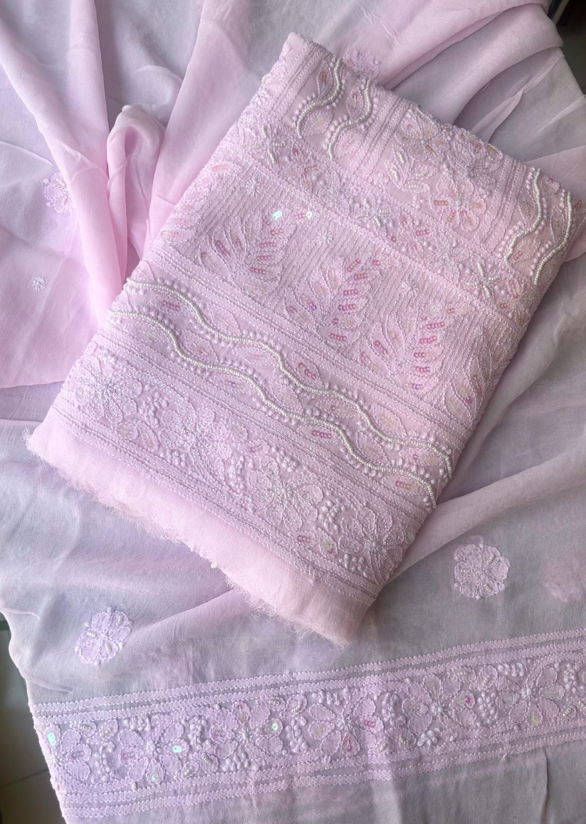 Firgun Baby Pink Lucknowi Chikankari Viscose Georgette Unstitched Kurta & Dupatta Set