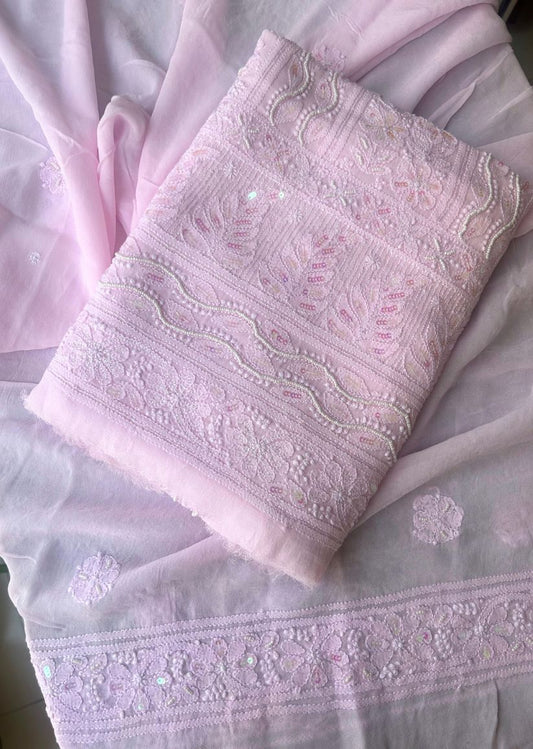 Firgun Baby Pink Lucknowi Chikankari Viscose Georgette Unstitched Kurta & Dupatta Set
