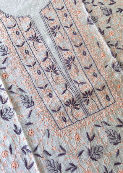 Firgun White Lucknowi Chikankari with Wine & Peach Work Mul Chanderi Unstitched Kurta & Dupatta Set