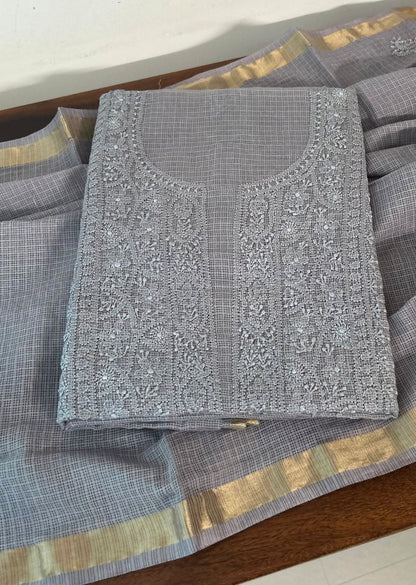 Firgun Slate Grey Lucknowi Chikankari Kota Unstitched Kurta & Dupatta Set