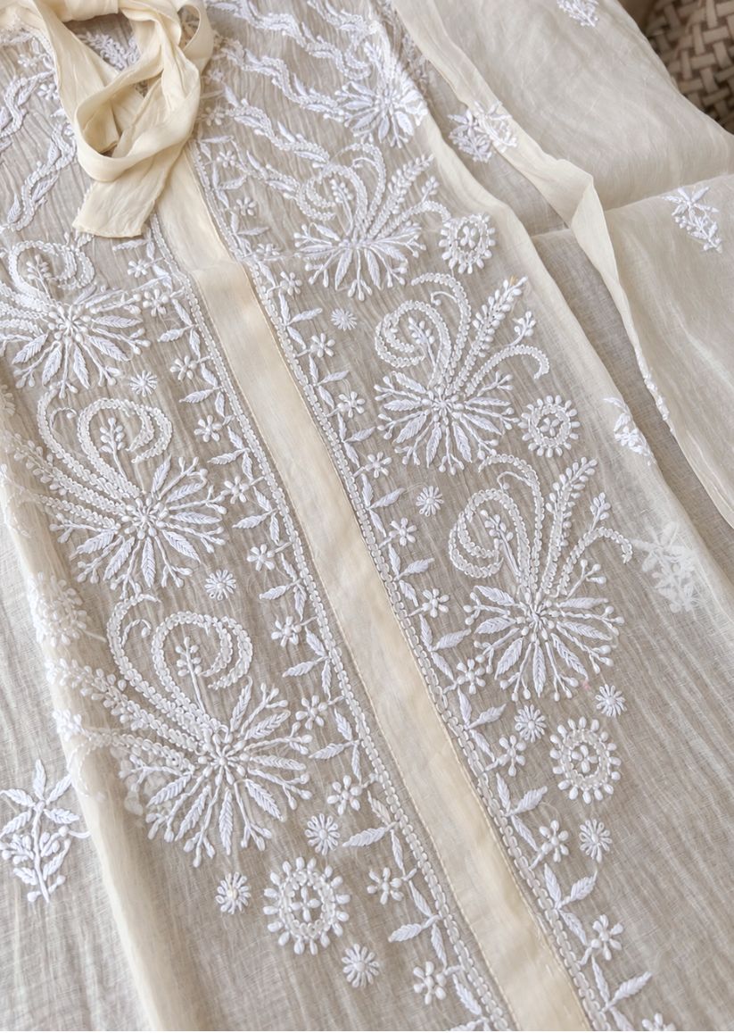 Firgun Cream Lucknowi Chikankari Mul Chanderi Semi-Stitched Shirt
