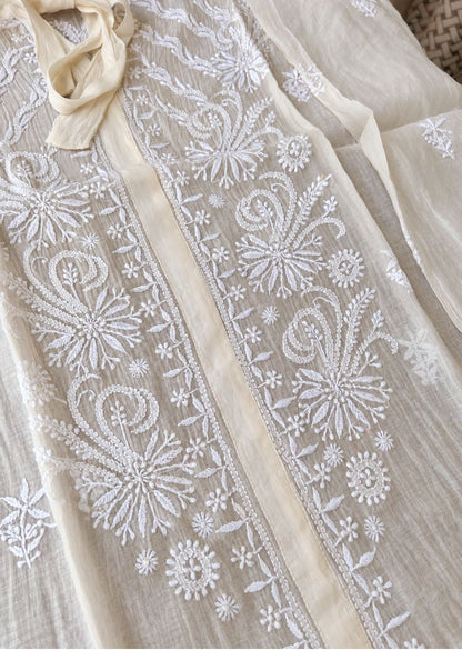 Firgun Cream Lucknowi Chikankari Mul Chanderi Semi-Stitched Shirt