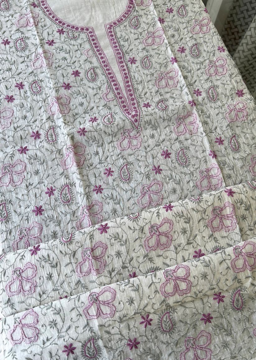 Firgun White Lucknowi Chikankari with Violet & Grey Work Mul Chanderi Unstitched Kurta & Dupatta Set