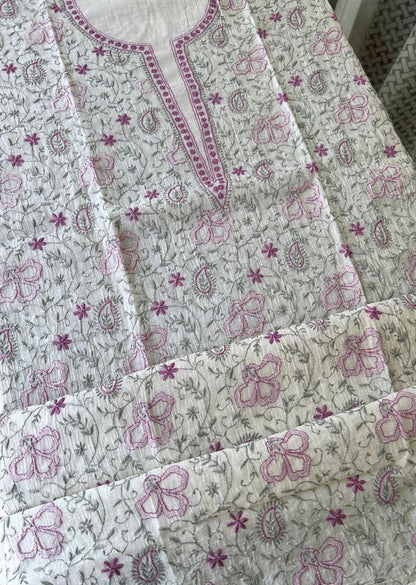 Firgun White Lucknowi Chikankari with Violet & Grey Work Mul Chanderi Unstitched Kurta & Dupatta Set