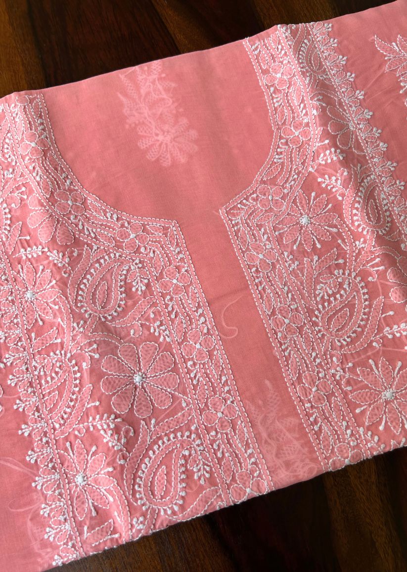 Firgun Peach Lucknowi Chikankari Cotton Unstitched Kurta
