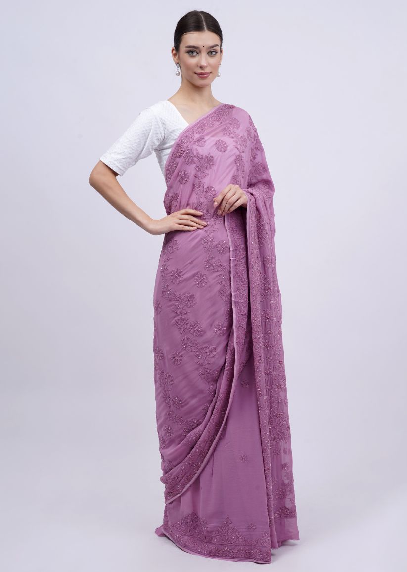 Firgun Wine Lucknowi Chikankari Viscose Georgette Saree with Unstitched Blouse Piece
