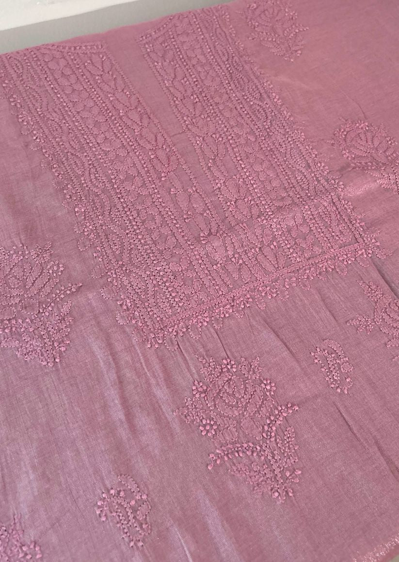 Firgun Pink Lucknowi Chikankari Chanderi Silver Tissue Kurta Dupatta Set