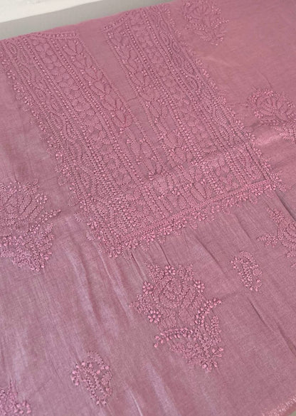 Firgun Pink Lucknowi Chikankari Chanderi Silver Tissue Kurta Dupatta Set