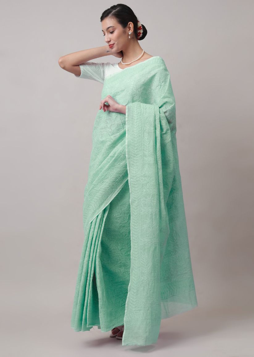 Firgun Hand Embroidered Mint Green Lucknowi Chikankari Kota Doria Tepchi Work Saree with Blouse Piece
