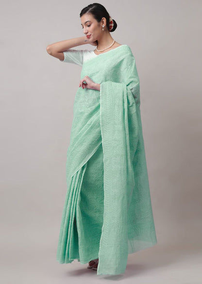 Firgun Hand Embroidered Mint Green Lucknowi Chikankari Kota Doria Tepchi Work Saree with Blouse Piece