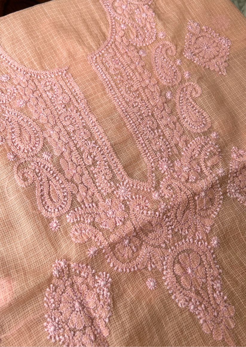 Firgun Orange Lucknowi Chikankari Kota Unstitched Kurta & Dupatta Set