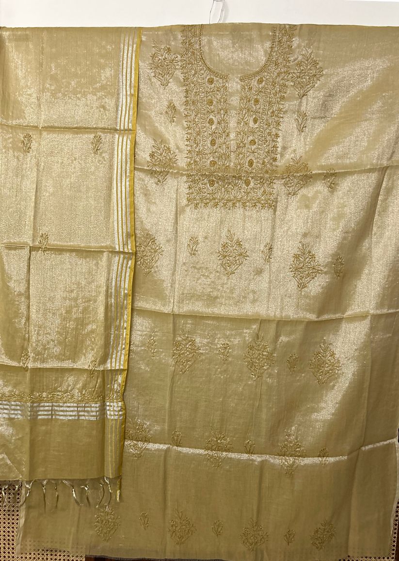 Firgun Mustard Lucknowi Chikankari Chanderi Silver Tissue Kurta Dupatta Set
