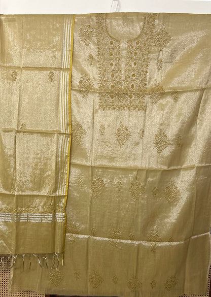 Firgun Mustard Lucknowi Chikankari Chanderi Silver Tissue Kurta Dupatta Set