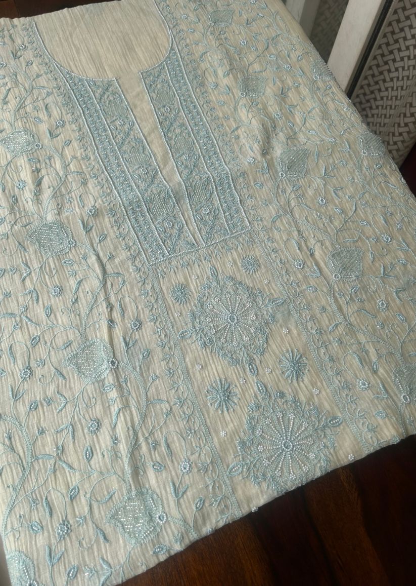 Firgun Ivory & Blue Lucknowi Chikankari Mul Chanderi Unstitched Kurta & Dupatta Set with Pearl & Cutdana Work