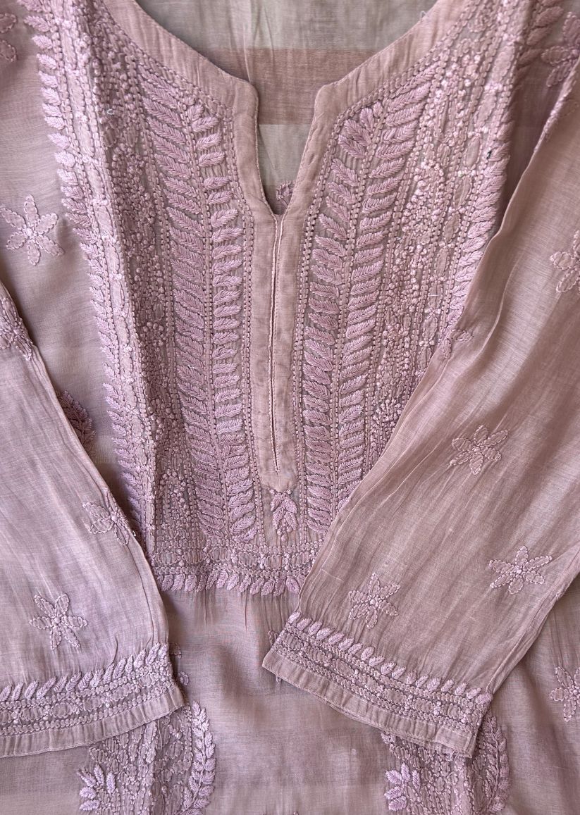 Firgun Wine Lucknowi Chikankari Mul Cotton Straight Kurta
