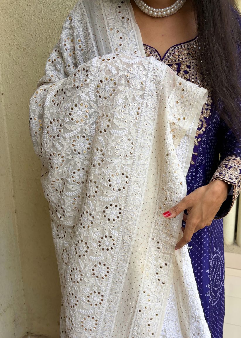 Firgun Cream Lucknowi Chikankari Pure Georgette Mukaish Work Dupatta