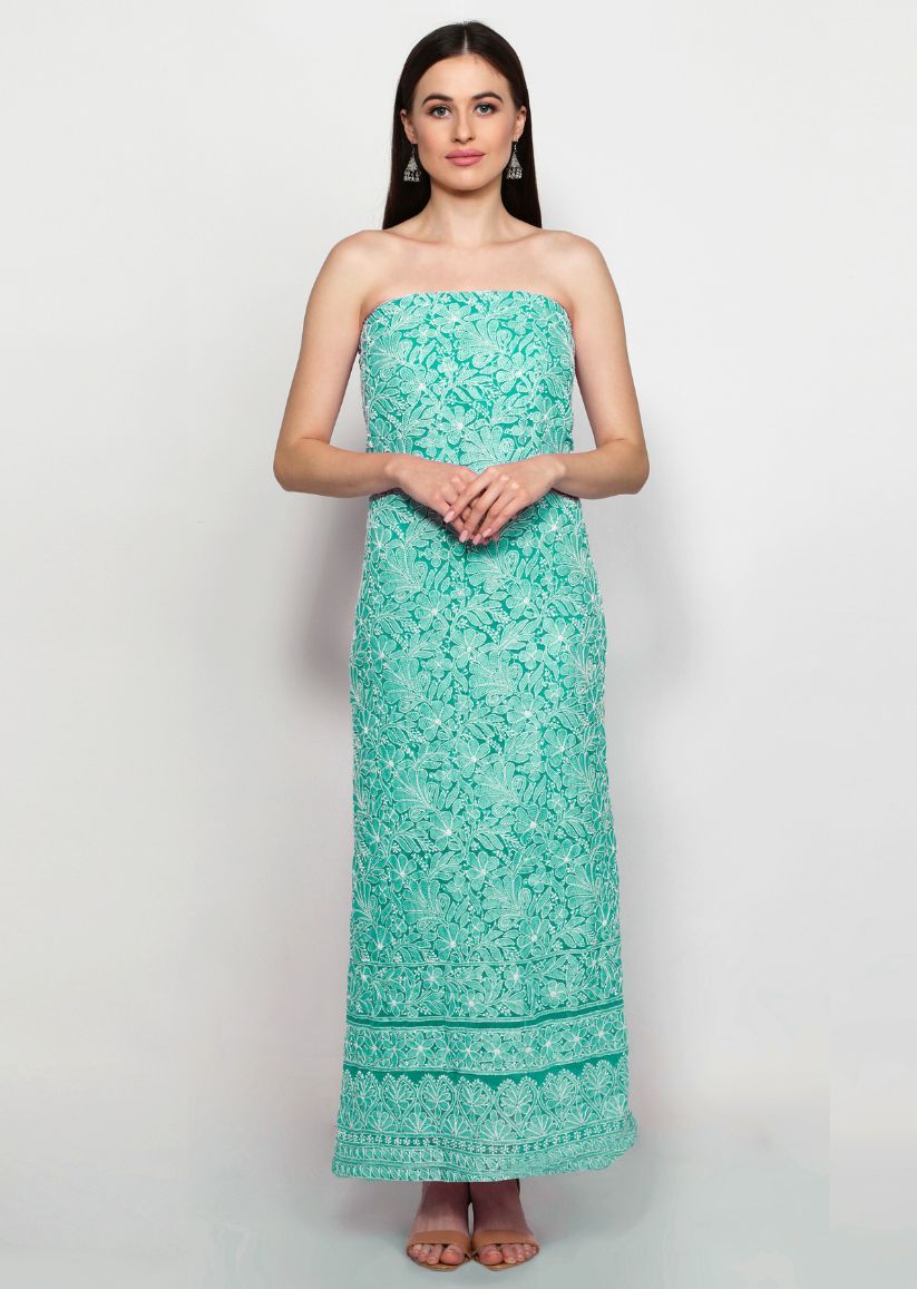 Firgun Hand Embroidered Jade Green Lucknowi Chikankari Georgette Unstitched Suit Set