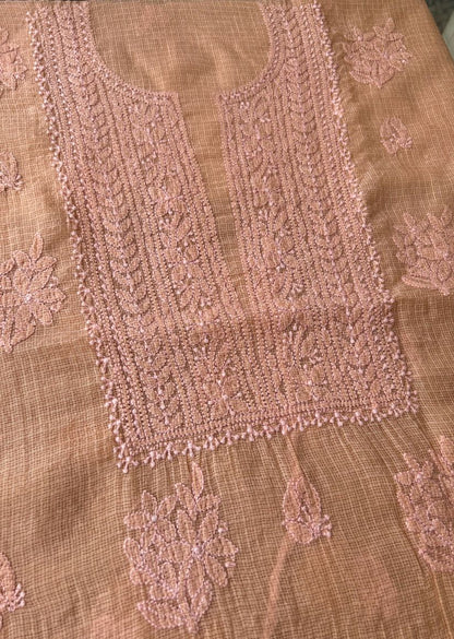 Firgun Apricot Lucknowi Chikankari Kota Unstitched Kurta & Dupatta Set