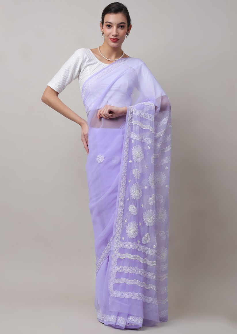 Firgun Lucknowi Chikankari Georgette Saree with Blouse Piece