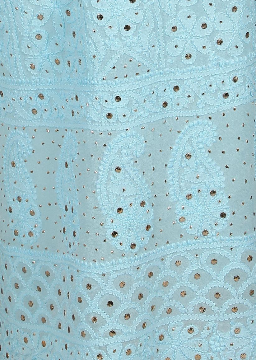 Firgun Sky Blue Lucknowi Chikankari Viscose Georgette Unstitched Kurta & Dupatta Set