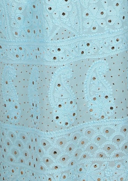 Firgun Sky Blue Lucknowi Chikankari Viscose Georgette Unstitched Kurta & Dupatta Set