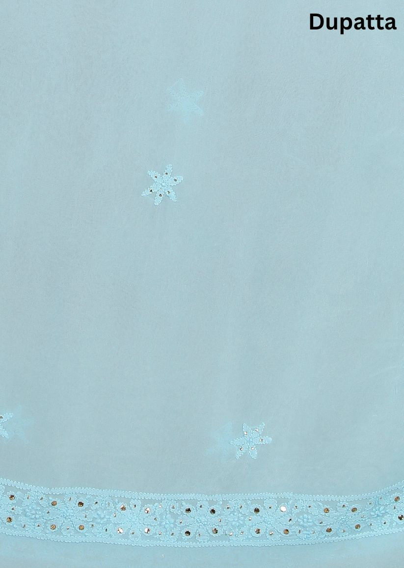 Firgun Sky Blue Lucknowi Chikankari Viscose Georgette Unstitched Kurta & Dupatta Set