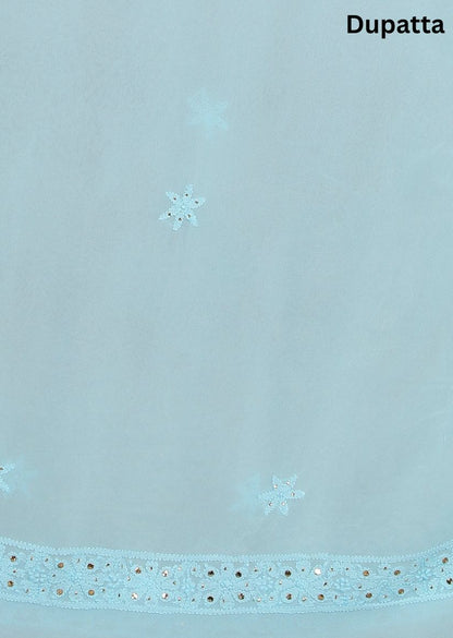 Firgun Sky Blue Lucknowi Chikankari Viscose Georgette Unstitched Kurta & Dupatta Set