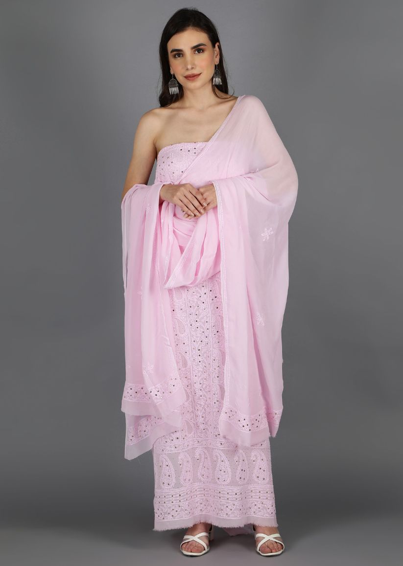 Firgun Blush Pink Lucknowi Chikankari Viscose Georgette Unstitched Kurta & Dupatta Set