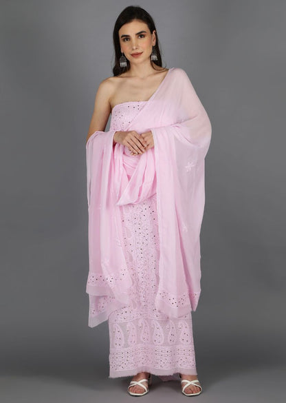 Firgun Blush Pink Lucknowi Chikankari Viscose Georgette Unstitched Kurta & Dupatta Set