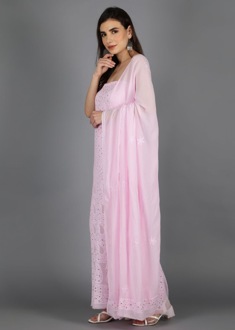 Firgun Blush Pink Lucknowi Chikankari Viscose Georgette Unstitched Kurta & Dupatta Set