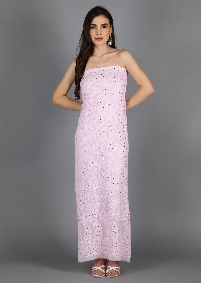 Firgun Blush Pink Lucknowi Chikankari Viscose Georgette Unstitched Kurta & Dupatta Set