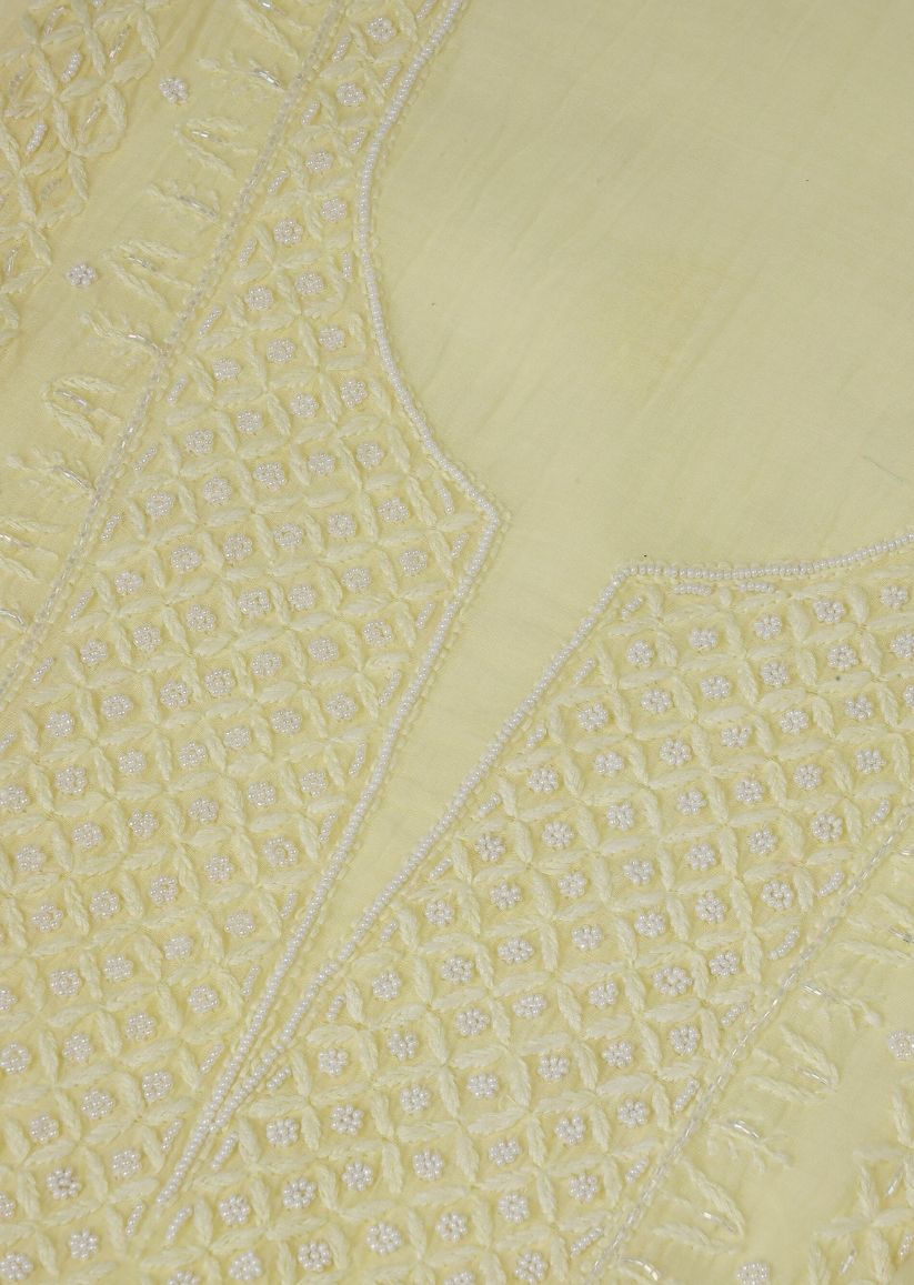 Firgun Lemon Lucknowi Chikankari & Pearl Work Mul Chanderi Unstitched Kurta & Dupatta Set