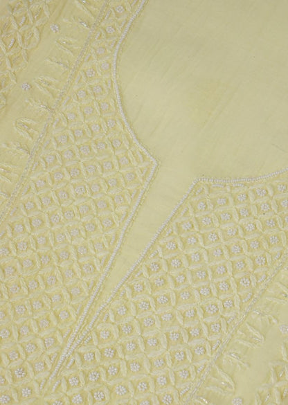Firgun Lemon Lucknowi Chikankari & Pearl Work Mul Chanderi Unstitched Kurta & Dupatta Set