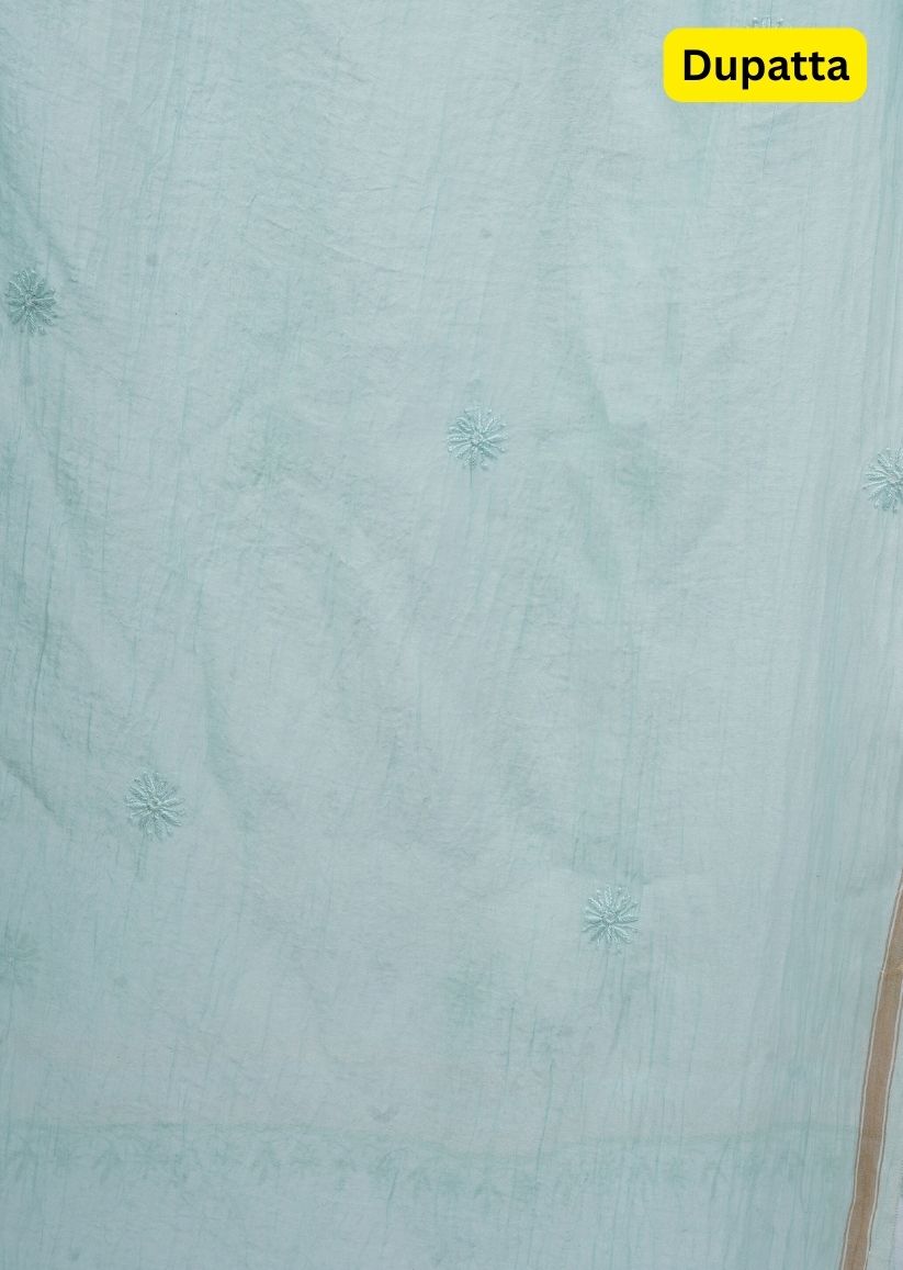 Firgun Pine Green Lucknowi Chikankari Mul Chanderi Unstitched Kurta & Dupatta Set