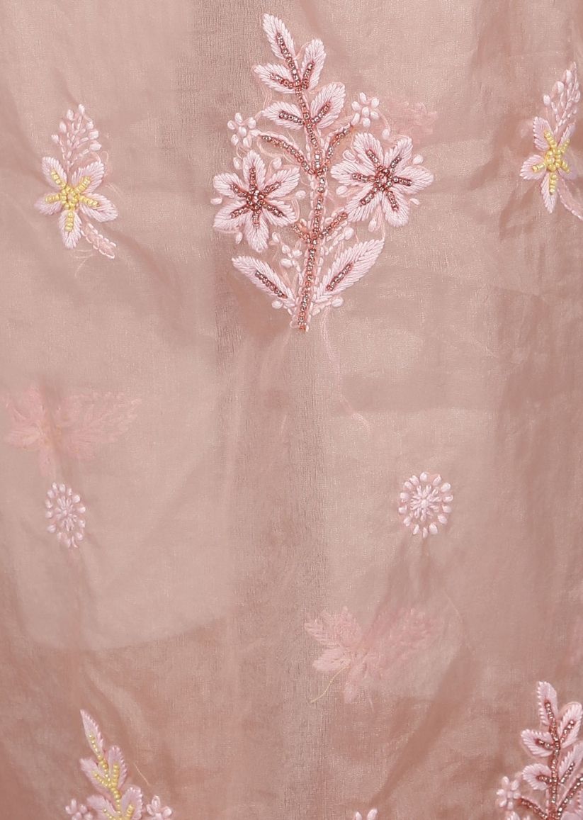 Firgun Rose gold Lucknowi Chikankari Organza Unstitched Kurta & Dupatta Set