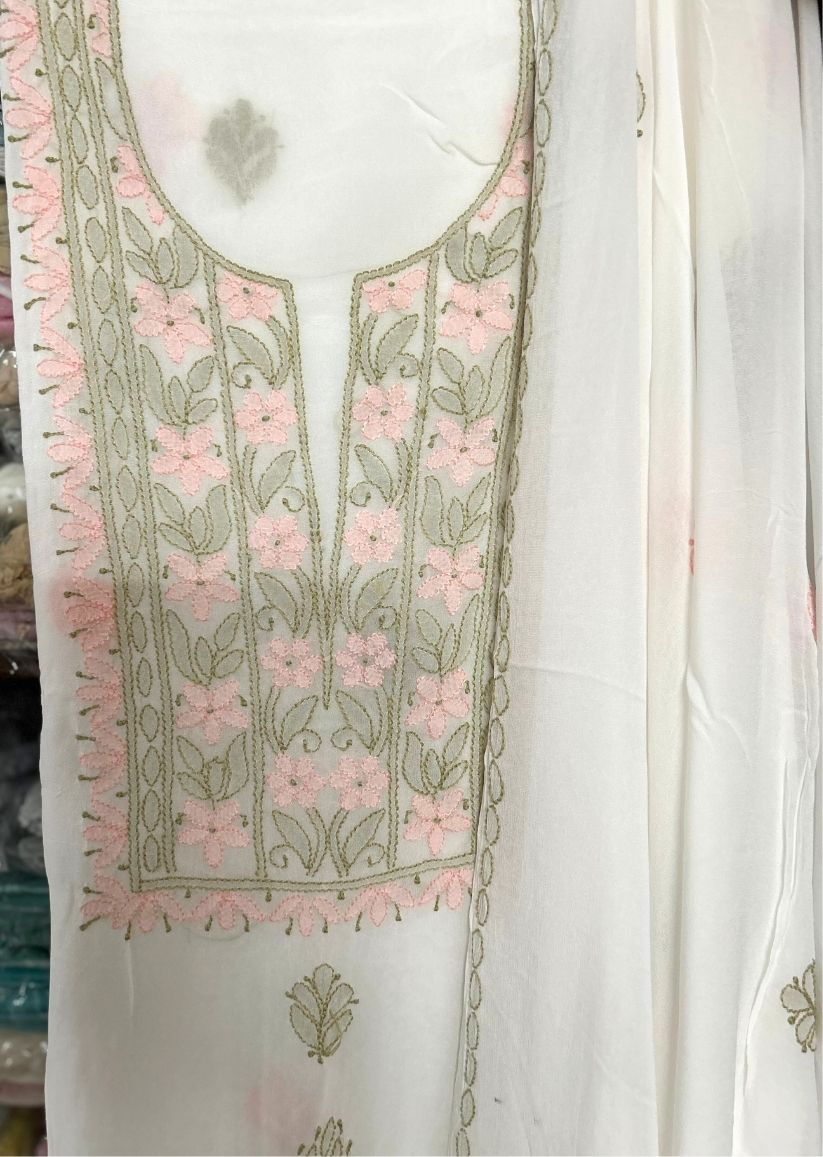 Firgun White Lucknowi Chikankari Viscose Georgette Unstitched Kurta & Dupatta Set