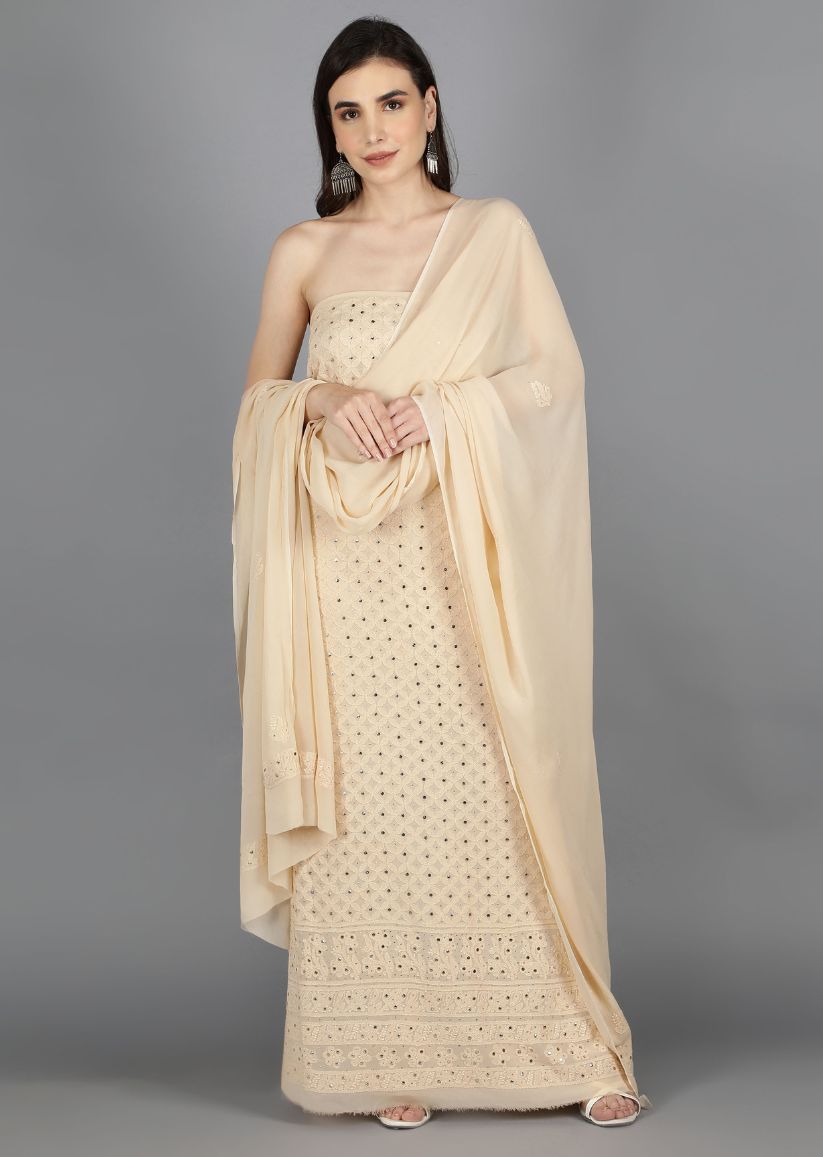 Firgun Beige Lucknowi Chikankari Viscose Georgette Unstitched Kurta & Dupatta Set-1
