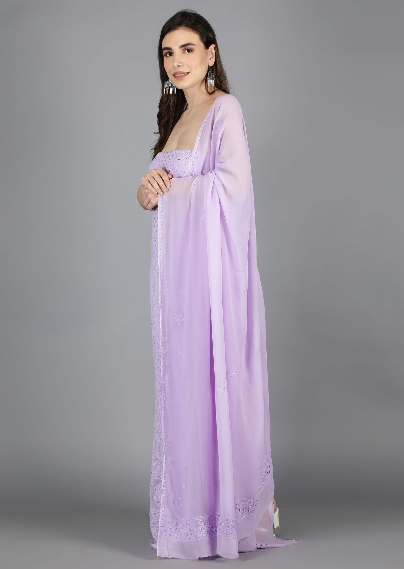 Firgun Mauve Lucknowi Chikankari Viscose Georgette Unstitched Kurta & Dupatta Set
